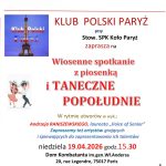 Poster advertising 'Wiosenne spotkanie z piosenką i tańeczne popołudnie' by Klub Polski Paryż, with date 19.04.2026, 15:30, in Paris.