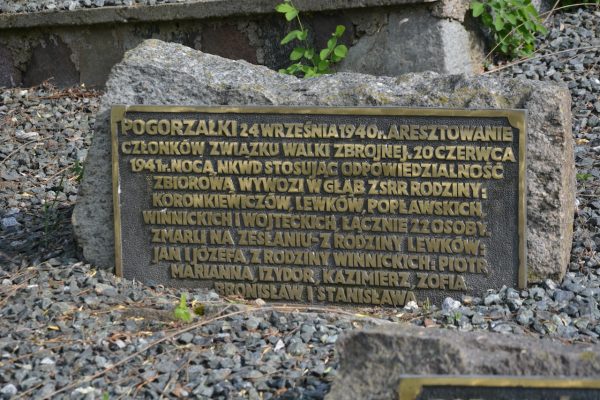 Bronze memorial plaque embedded in a rock with Polish inscription listing names, on gravel.