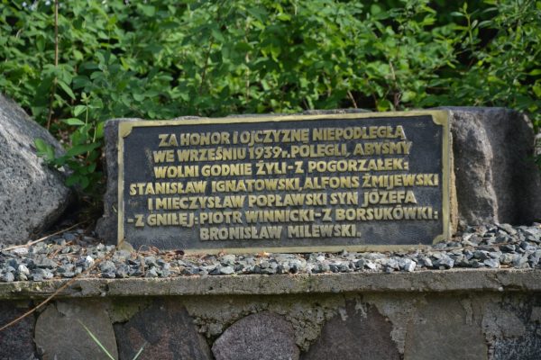 Bronze commemorative plaque on a low stone wall with Polish inscription, surrounded by green shrubs behind.