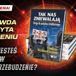 Promotional book cover ad with a blue book titled 'TAK NAS zniewalają' against a red digital background and a stack of books; bold Polish headlines on left.
