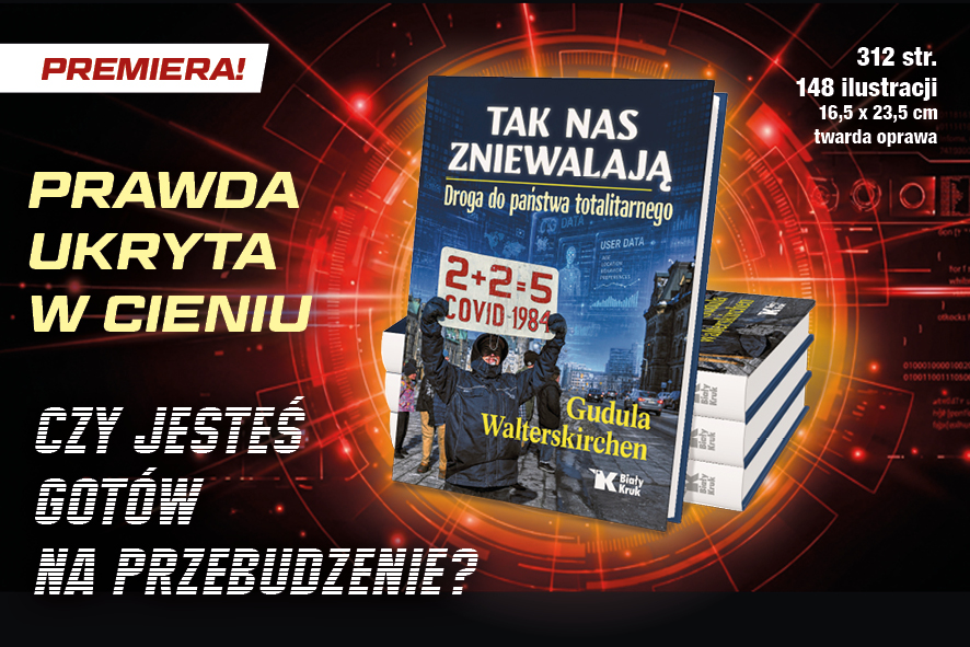 Promotional book cover ad with a blue book titled 'TAK NAS zniewalają' against a red digital background and a stack of books; bold Polish headlines on left.
