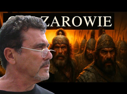 Side-profile of a man with glasses in the foreground, looking left, with a fiery battle scene and armored warriors behind; 'ZAROWIE' banner above.