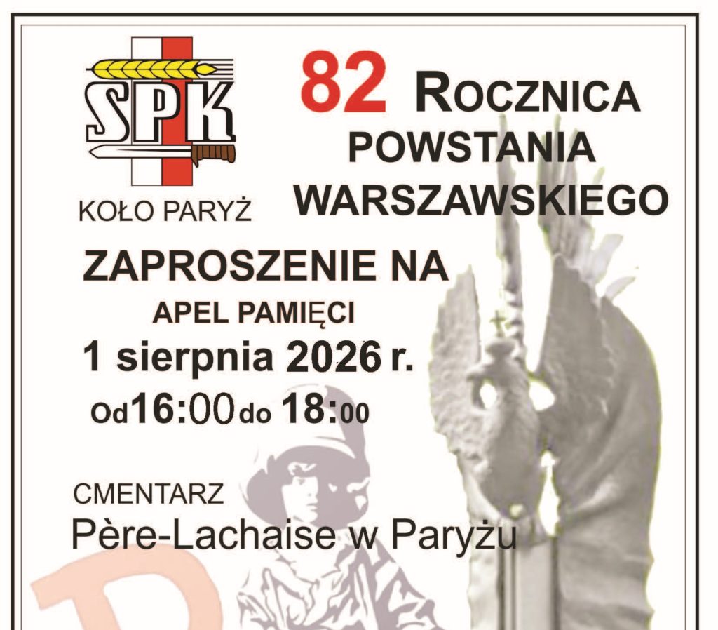 Poster announcing the 82nd anniversary of the Warsaw Uprising; SPK logo on the left, bold Polish text inviting a remembrance ceremony at Père‑Lachaise Cemetery in Paris on 1 August 2026, 16:00–18:00.