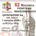 Poster announcing the 82nd anniversary of the Warsaw Uprising; SPK logo on the left, bold Polish text inviting a remembrance ceremony at Père‑Lachaise Cemetery in Paris on 1 August 2026, 16:00–18:00.