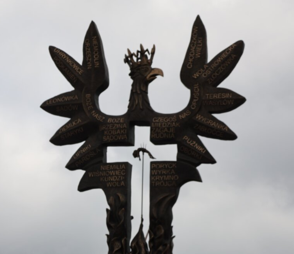 Ornamental metal sculpture of two birds with numerous signposts bearing Polish village names against a cloudy sky.