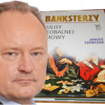 Man in a suit foreground beside a large hardcover book titled 'Banksterzy' with a money-and-hands illustration on the cover.