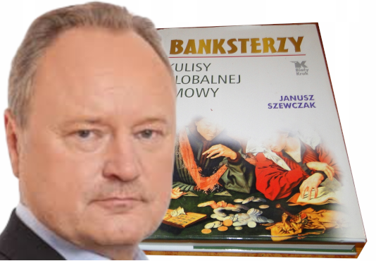 Man in a suit foreground beside a large hardcover book titled 'Banksterzy' with a money-and-hands illustration on the cover.