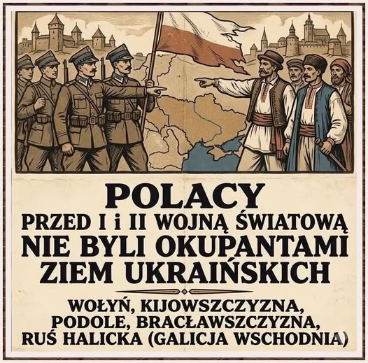 Historical Polish poster showing soldiers saluting a flag and a man gesturing, with bold Polish text denying Poles were occupiers of Ukrainian lands.