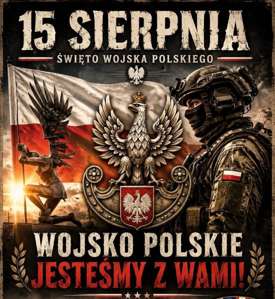 Poster honoring Polish Army Day with Polish flag, a crowned eagle emblem, and soldiers; 'We are with you' message.