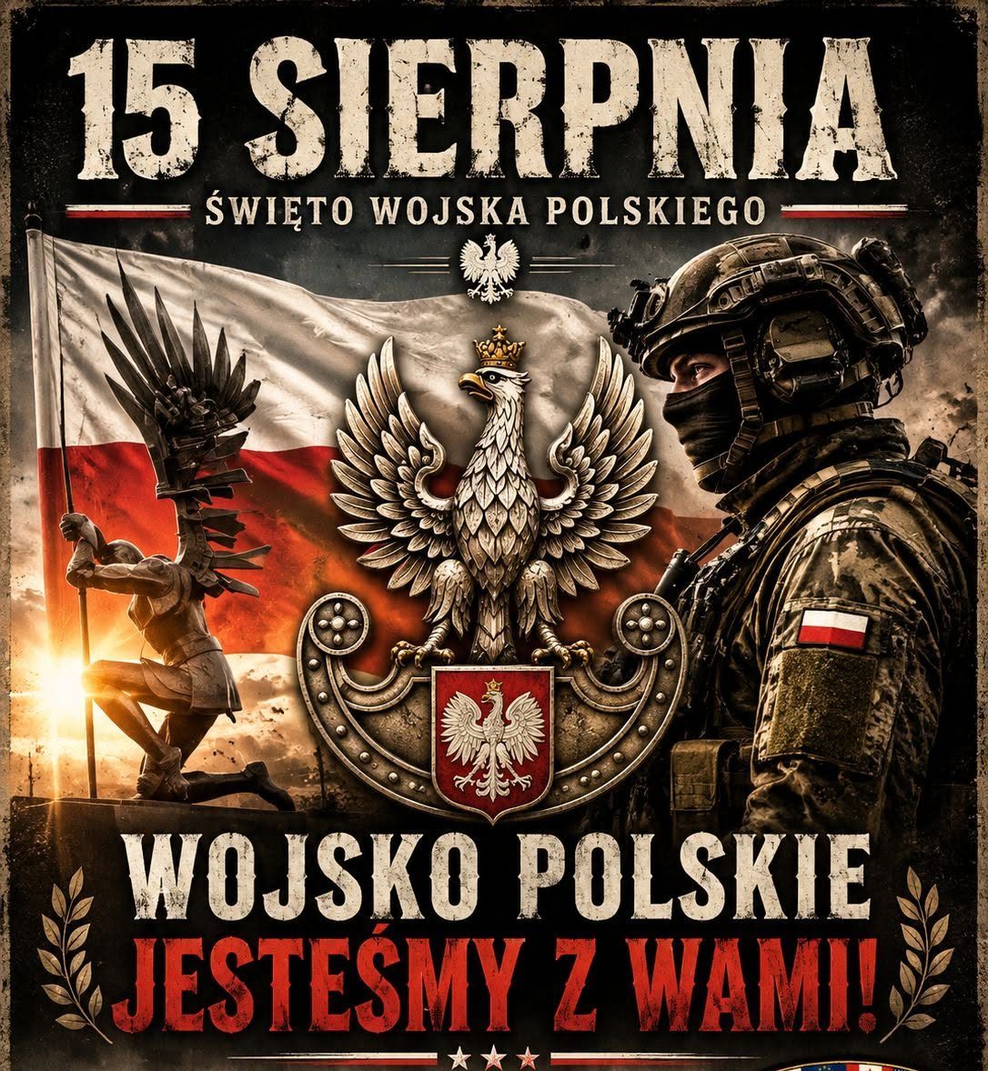 Poster honoring Polish Army Day with Polish flag, a crowned eagle emblem, and soldiers; 'We are with you' message.