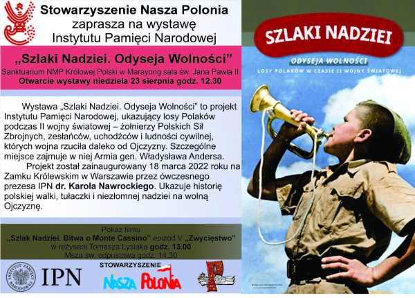 Poster collage promoting the exhibition 'Szlaki Nadziei. Odyseja Wolności' with a soldier blowing a horn on the right and large Polish text blocks on the left, plus logos at the bottom.
