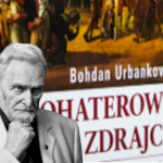 Collage of a grayscale portrait of an older man in a suit in front of a Polish book cover by Bohdan Urbankowski.