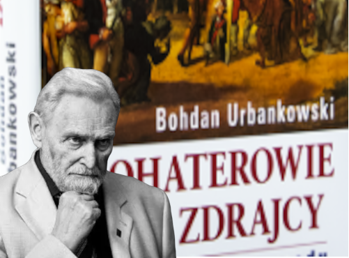Collage of a grayscale portrait of an older man in a suit in front of a Polish book cover by Bohdan Urbankowski.